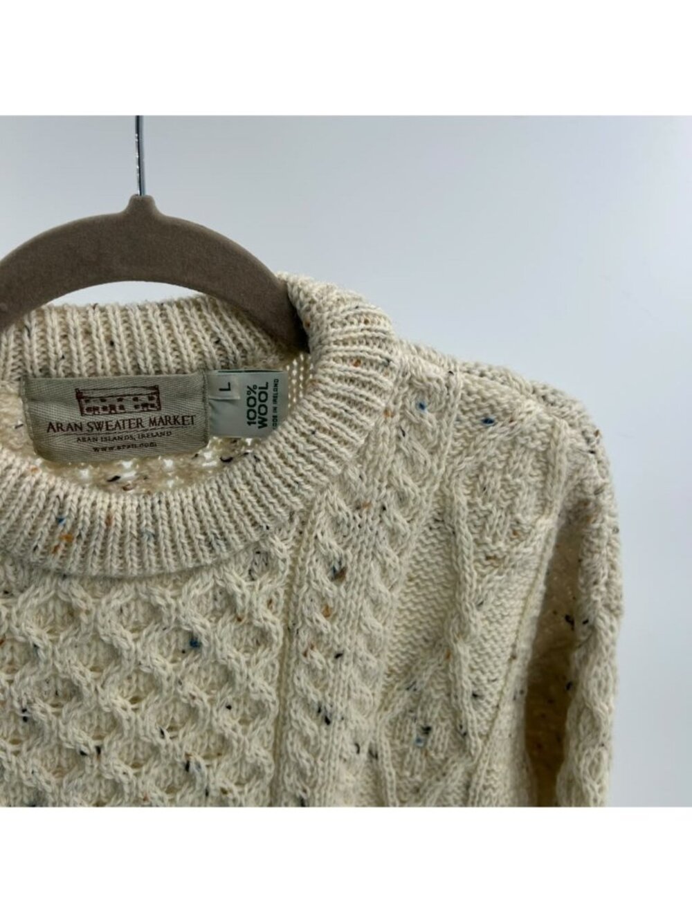 Aran Sweater Market Women's L Cream 100% Wool Crew Fisherman Chunky Cable Knit - Picture 14 of 14